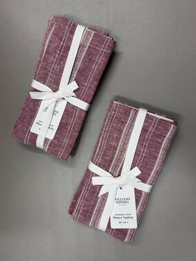 8 Williams Sonoma Provence Stripe Napkins 100% Linen Light Burgundy 2 Sets of 4